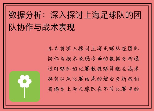 数据分析：深入探讨上海足球队的团队协作与战术表现