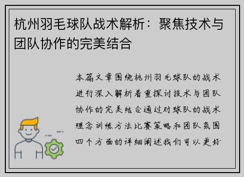 杭州羽毛球队战术解析：聚焦技术与团队协作的完美结合