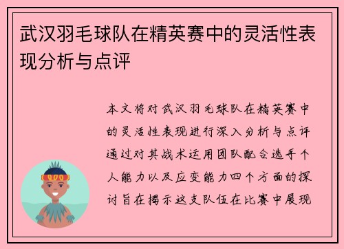 武汉羽毛球队在精英赛中的灵活性表现分析与点评
