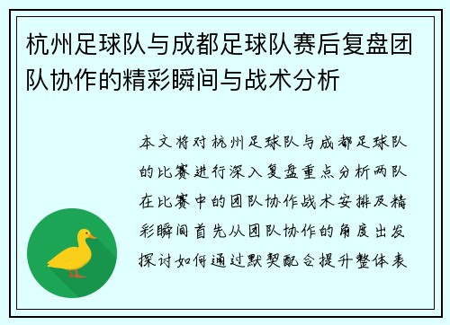 杭州足球队与成都足球队赛后复盘团队协作的精彩瞬间与战术分析